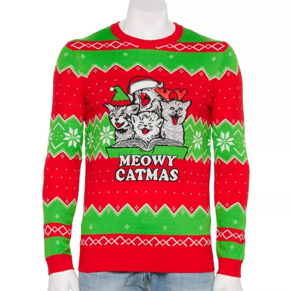 Mad Engine Meowy Catmas Men’s Ugly Christmas Sweater Cats Holiday Red Green